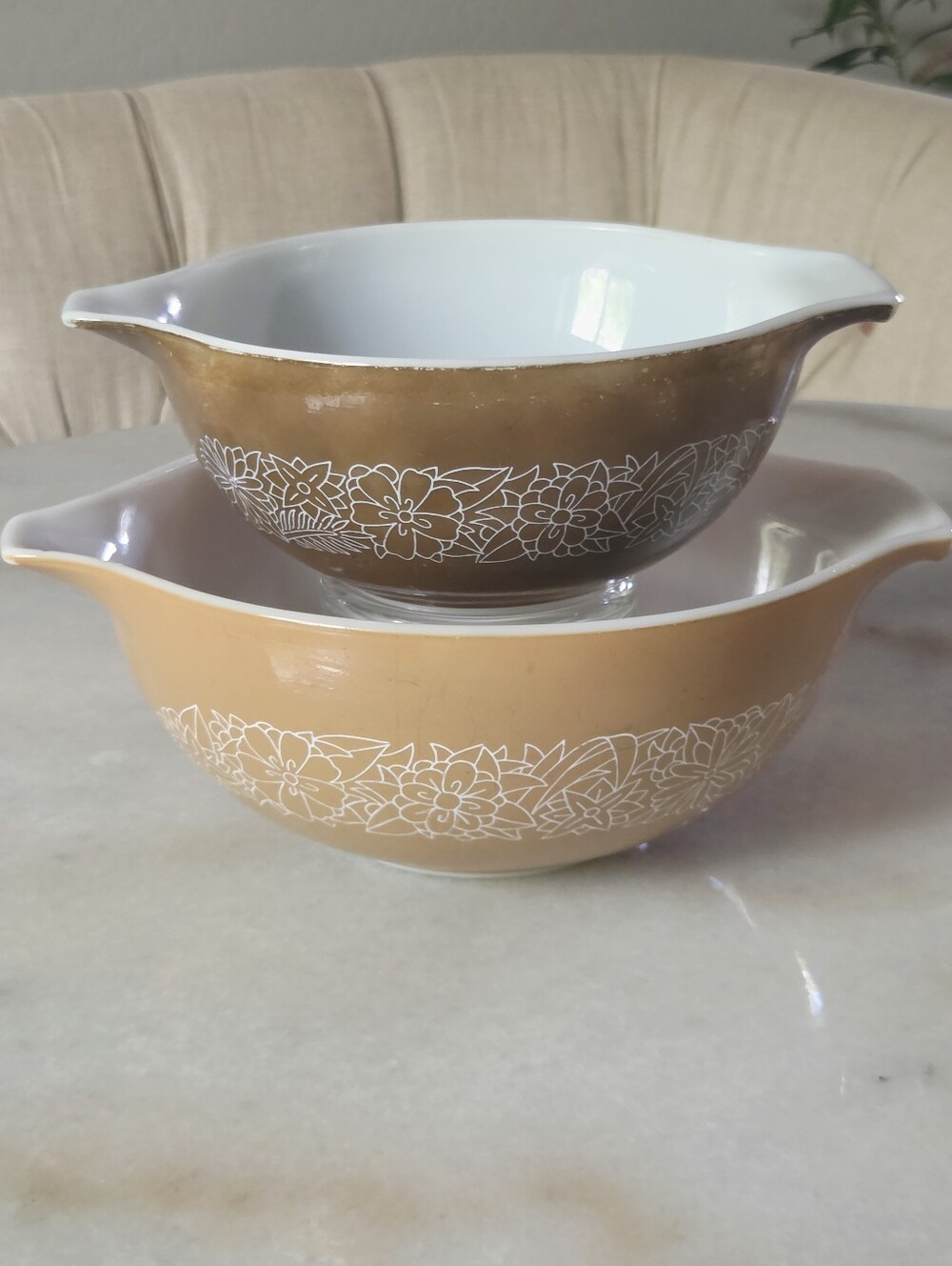 Vintage PYREX Woodland Tan Brown Cinderella Nesting Mixing Bowl Set #442 #443